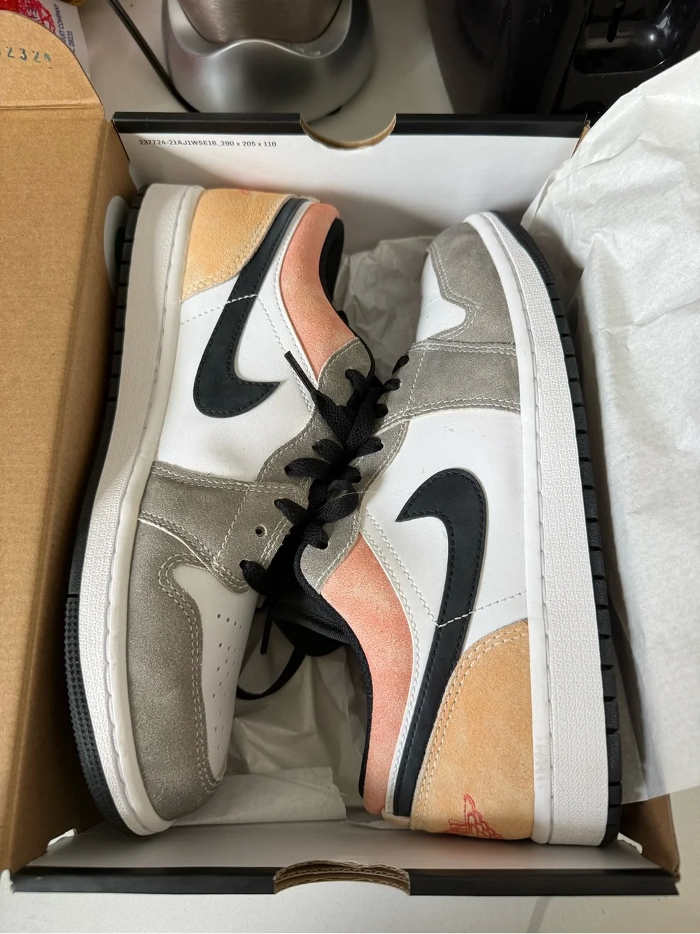 Jordan Low Top Sneakers - White Gray Black with Coral and Orange Accents